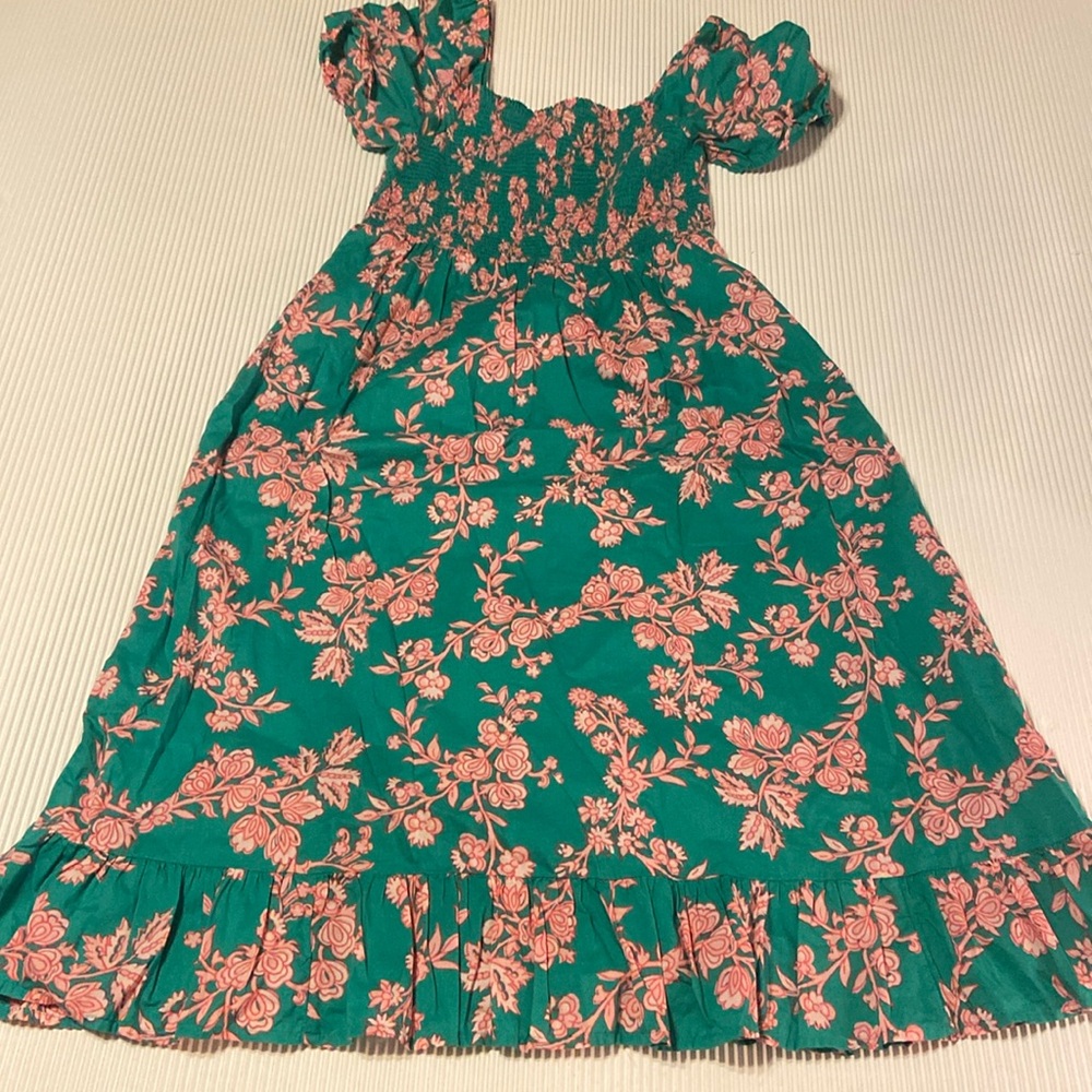 J. Crew Smocked Midi Dress with Puff Sleeves in Emerald Island Tropical Small